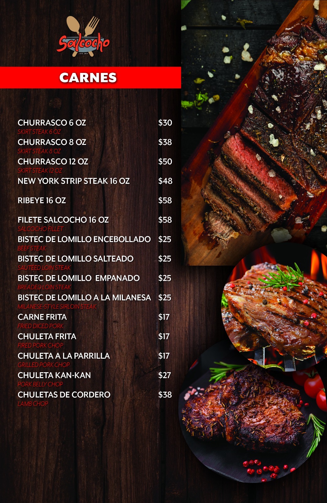 Menú de carnes de Salcocho con precios